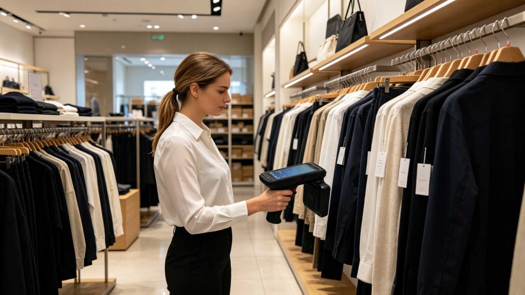 Retail employee using a handheld RFID reader to verify tagged clothing inventory in a European store