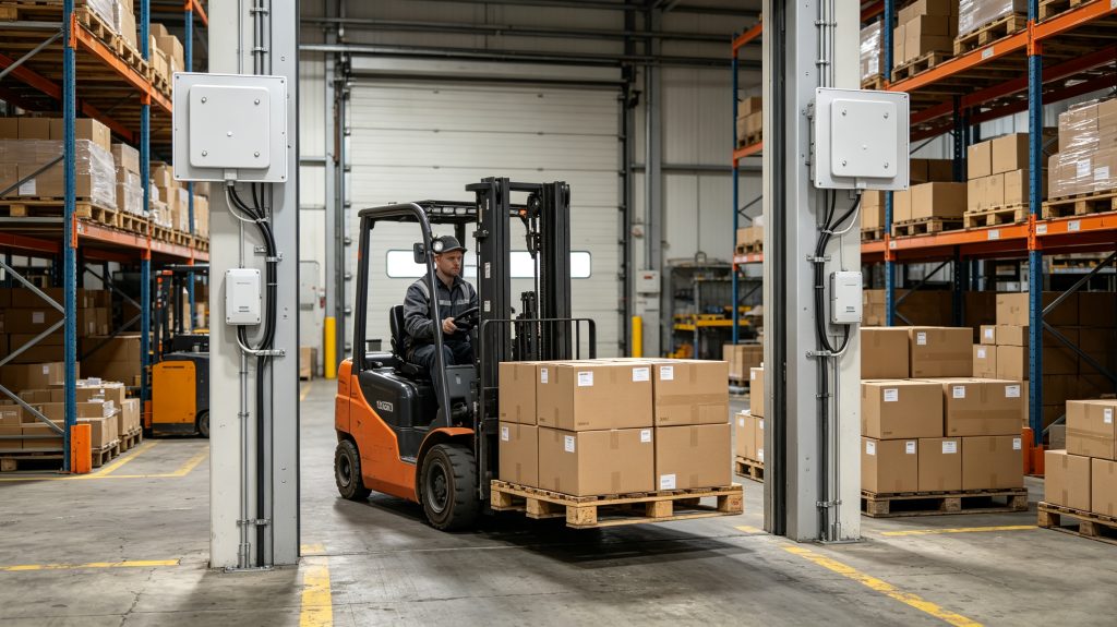 RFID tag communicating with a fixed UHF RFID reader through an antenna in a European warehouse