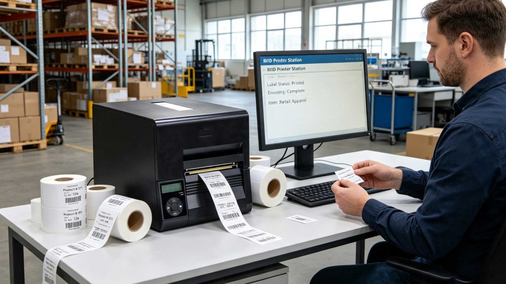 RFID printer encoding printable RFID labels in a European warehouse