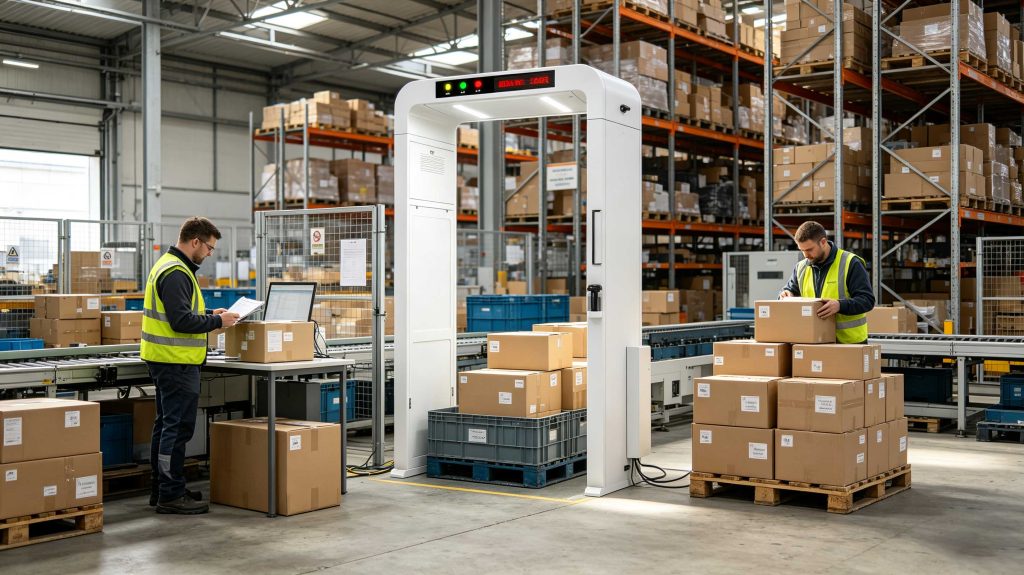 Retail cartons with RFID tags moving through a UHF RFID receiving area