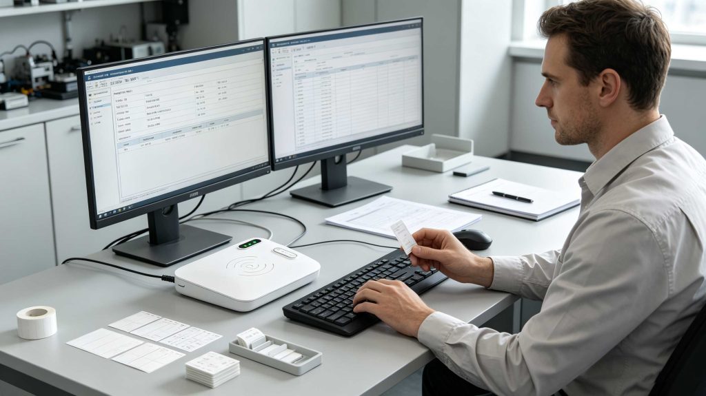 Engineer rewriting RFID tag information using desktop RFID reader writer in European technology office