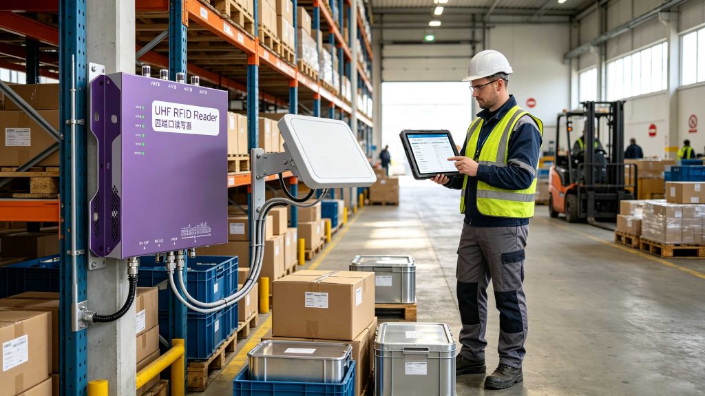 How to Test RFID Tag: UHF RFID Tag Testing Guide 2 Engineer testing UHF RFID tags attached to cartons in a European warehouse