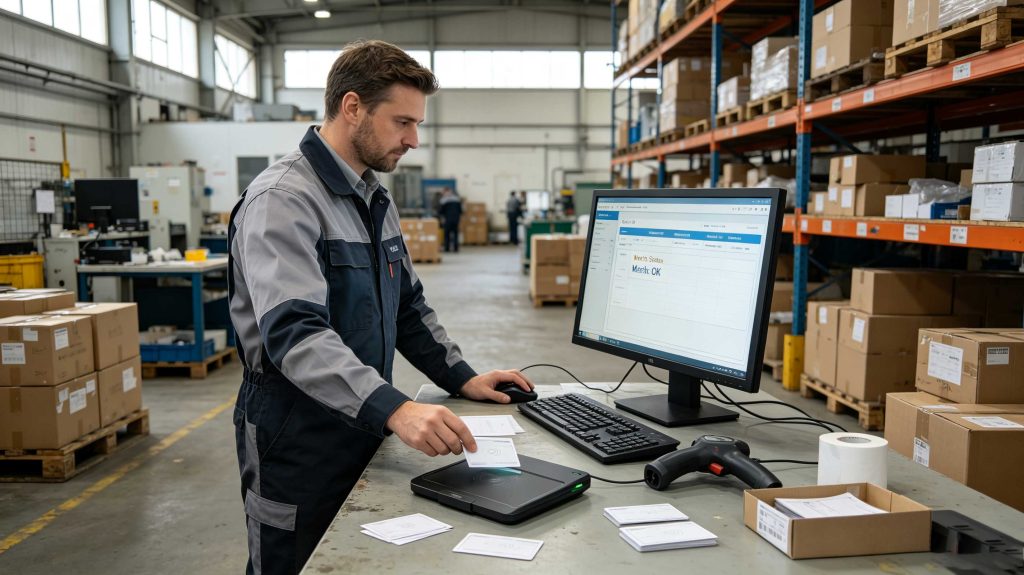 Engineer verifying UHF RFID card data after programming with an RFID reader writer