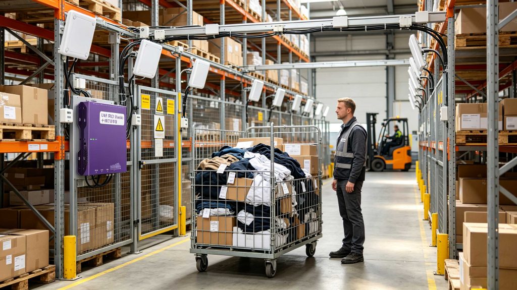 UHF RFID reader identifying multiple tagged products in a European distribution center