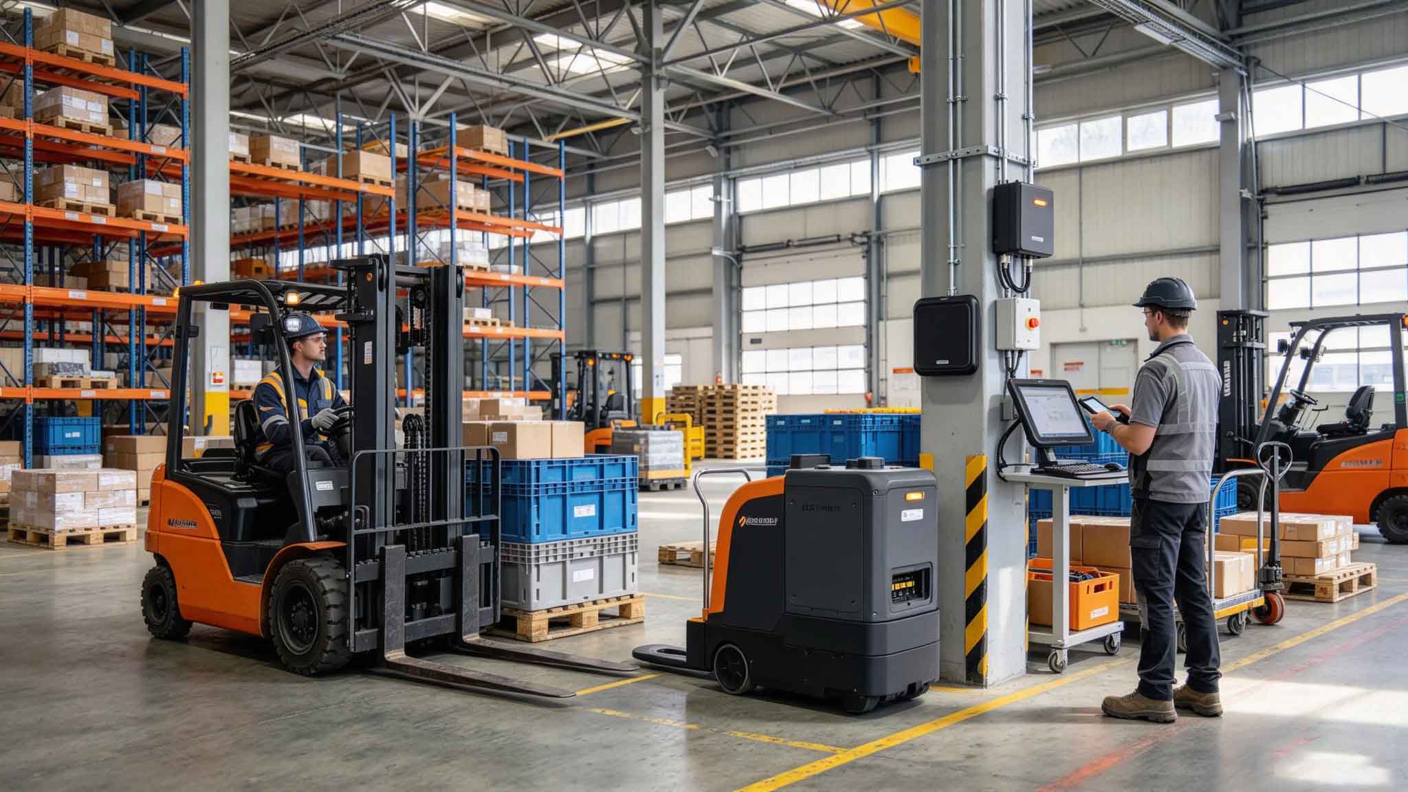 Battery-powered active RFID tags tracking forklifts and industrial assets in a European warehouse