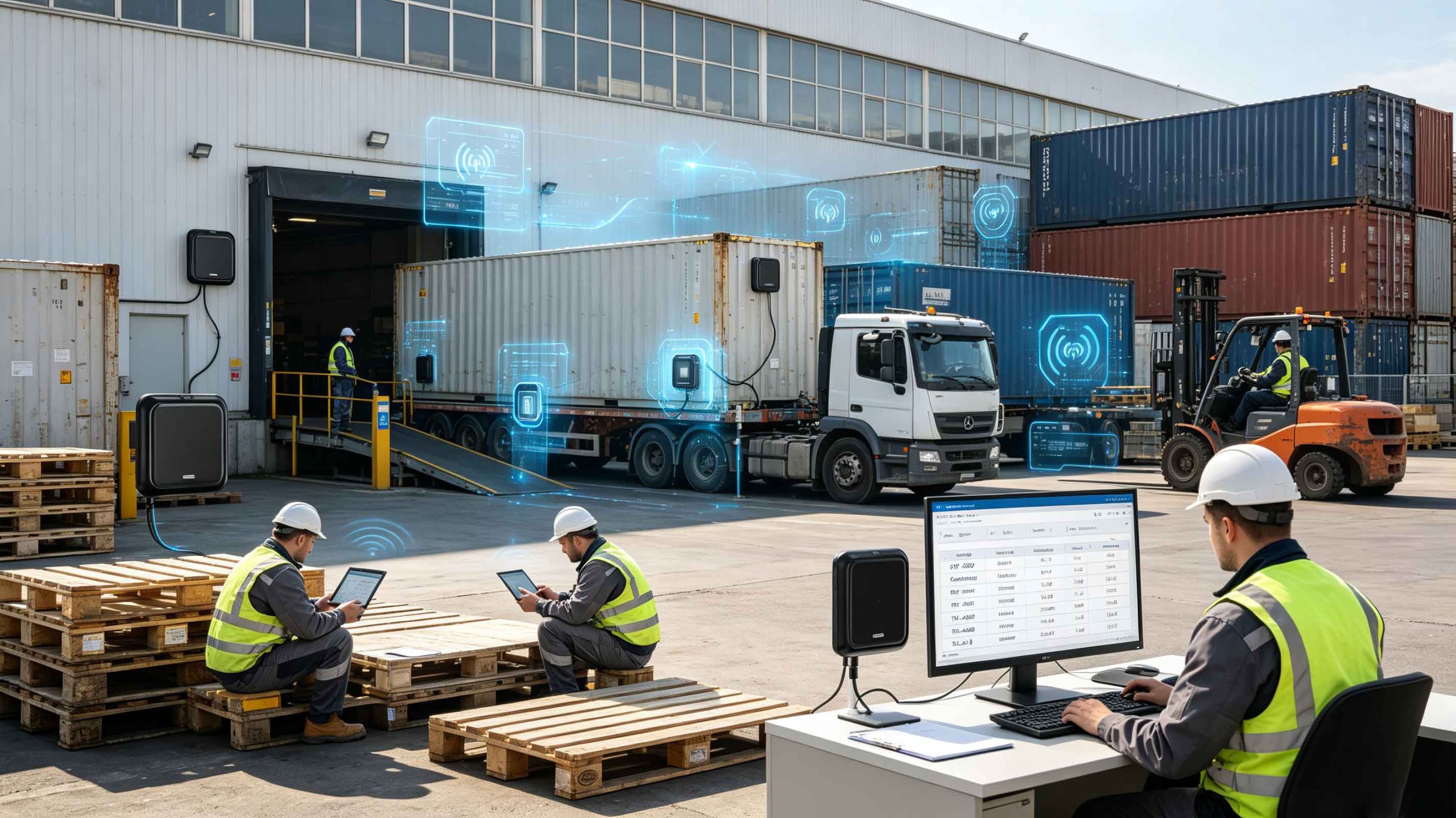 Active RFID tags installed on shipping containers and logistics equipment for real-time tracking