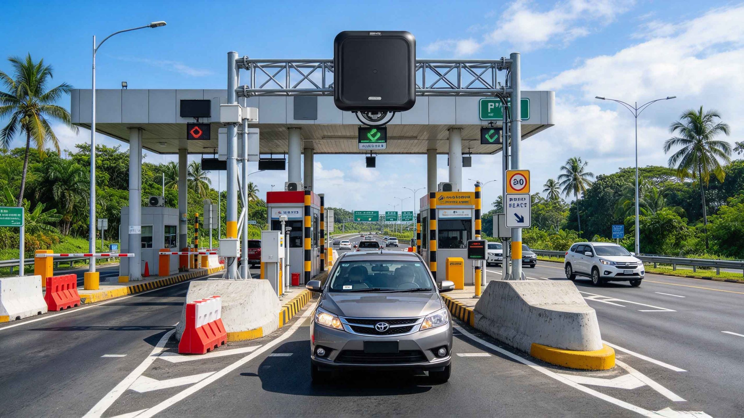 Vehicle passing through an AutoSweep RFID electronic toll collection lane in the Philippines