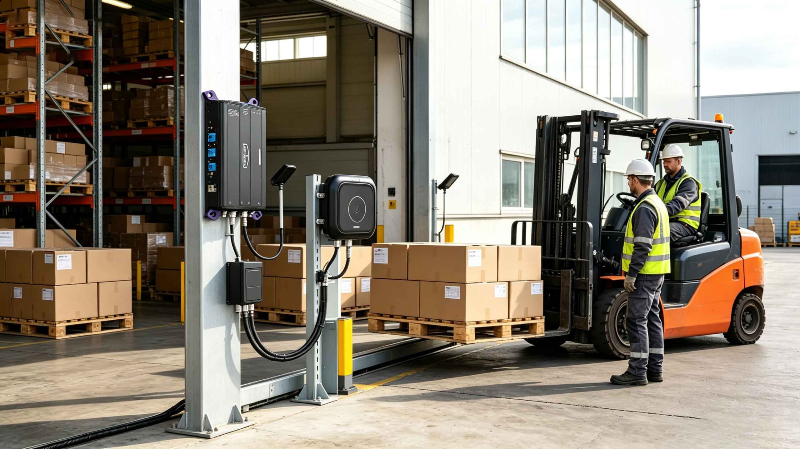 Fixed UHF RFID reader identifying tagged pallets at a European warehouse shipping dock