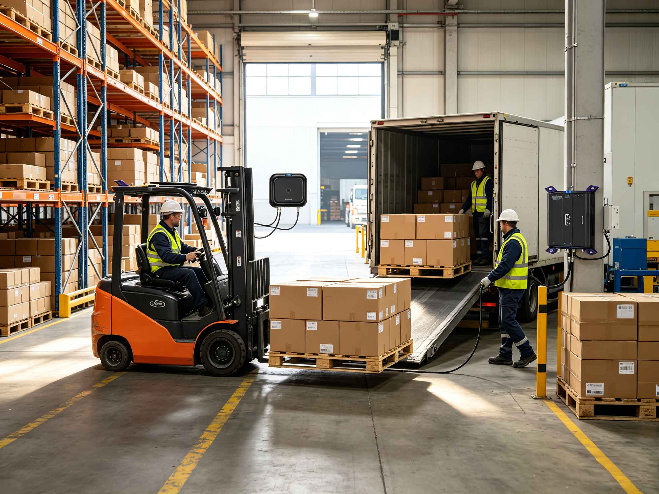 What Are the Advantages of RFID? UHF RFID Benefits for Inventory, Asset Tracking, and Automation 2 Fixed UHF RFID reader tracking tagged cartons at a European warehouse loading dock
