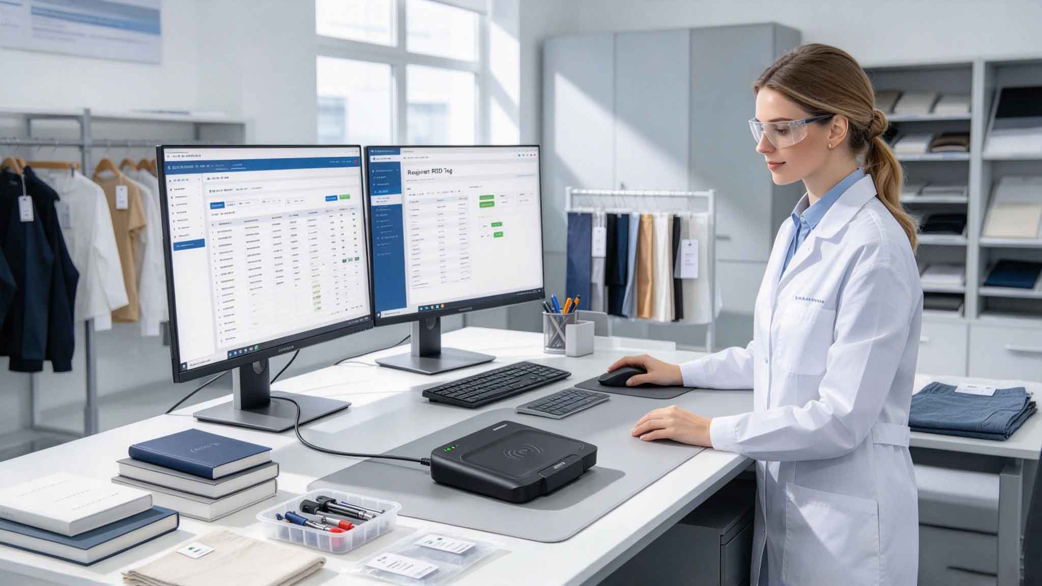 Desktop RFID device reading and writing RFID tags at a European workstation