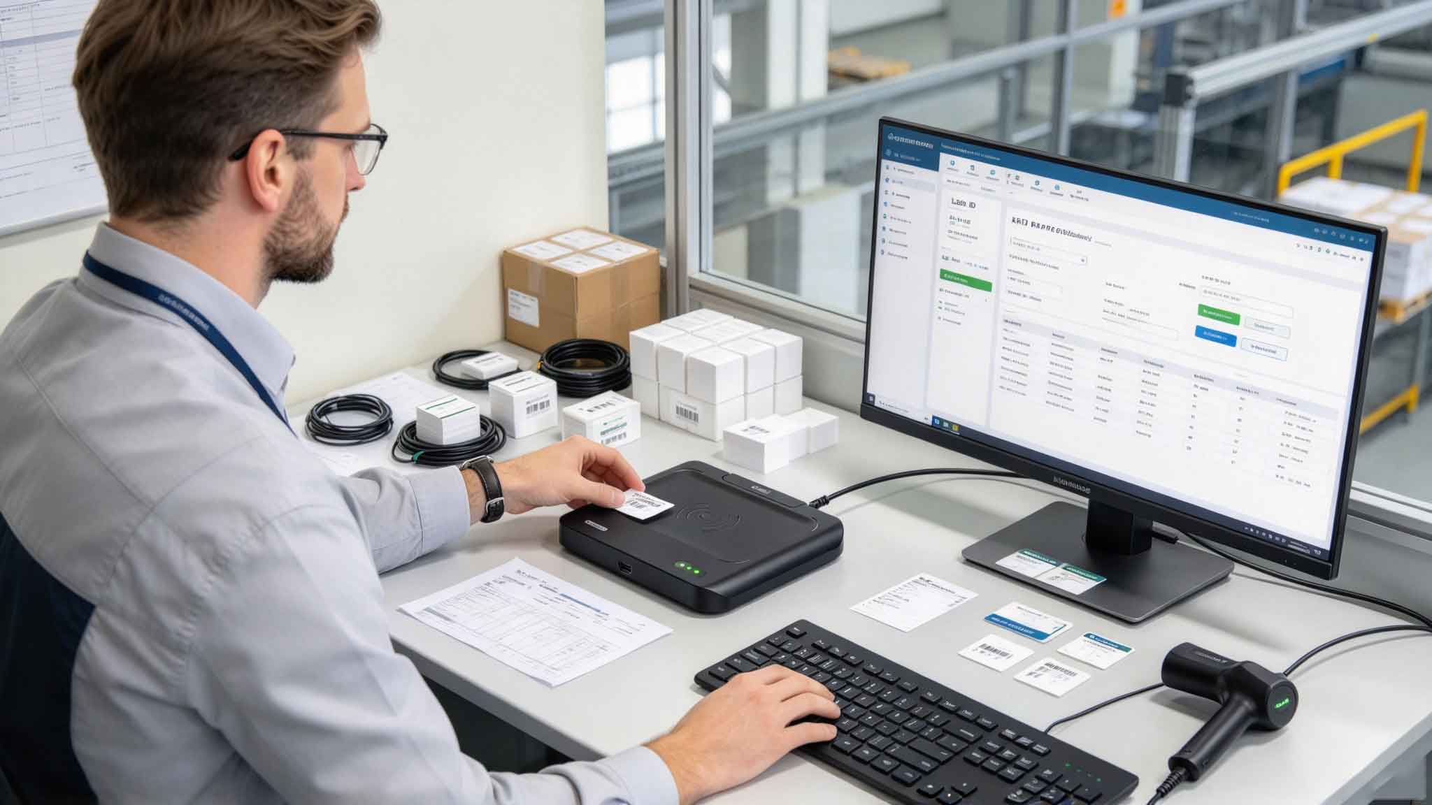 Desktop UHF RFID device registering tags at a professional European workstation