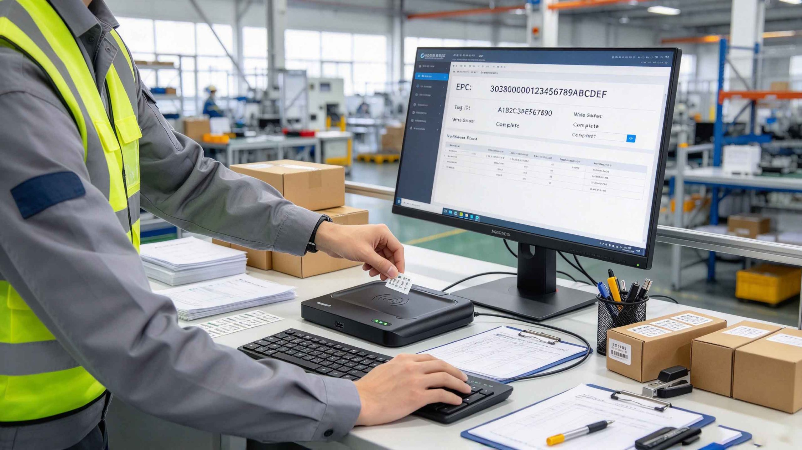 RFID writer encoding and verifying an EPC on a UHF RFID tag