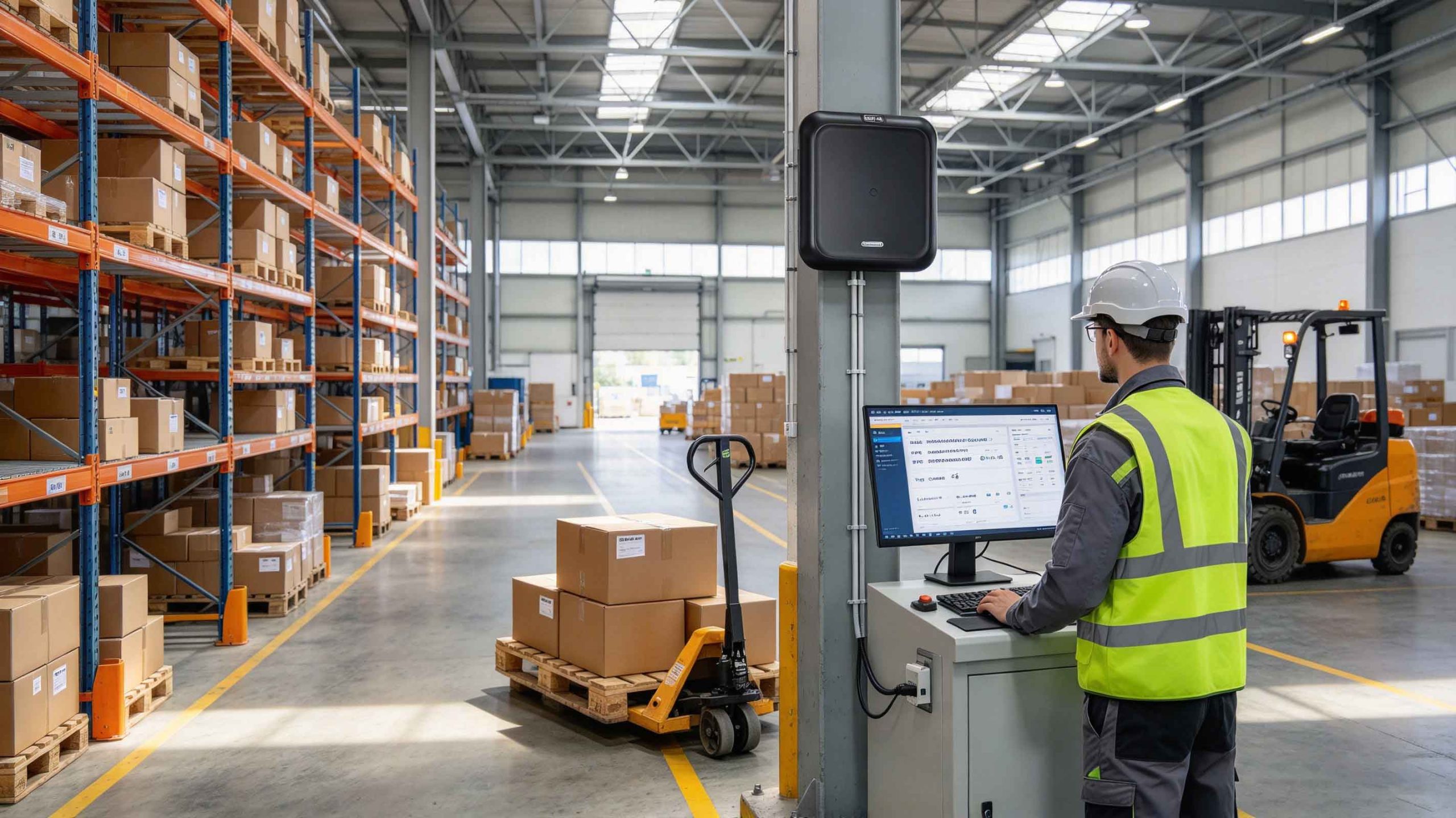 EPC RFID tags on cartons being identified by a fixed RFID reader in a European warehouse