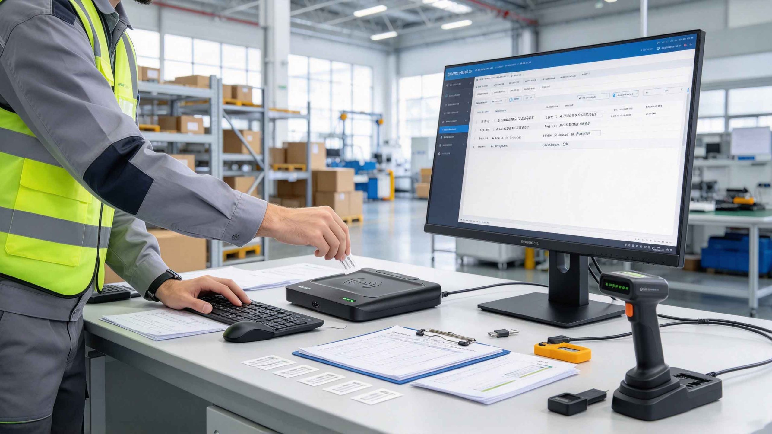 Engineer using a desktop RFID writer to encode EPC data into UHF RFID tags