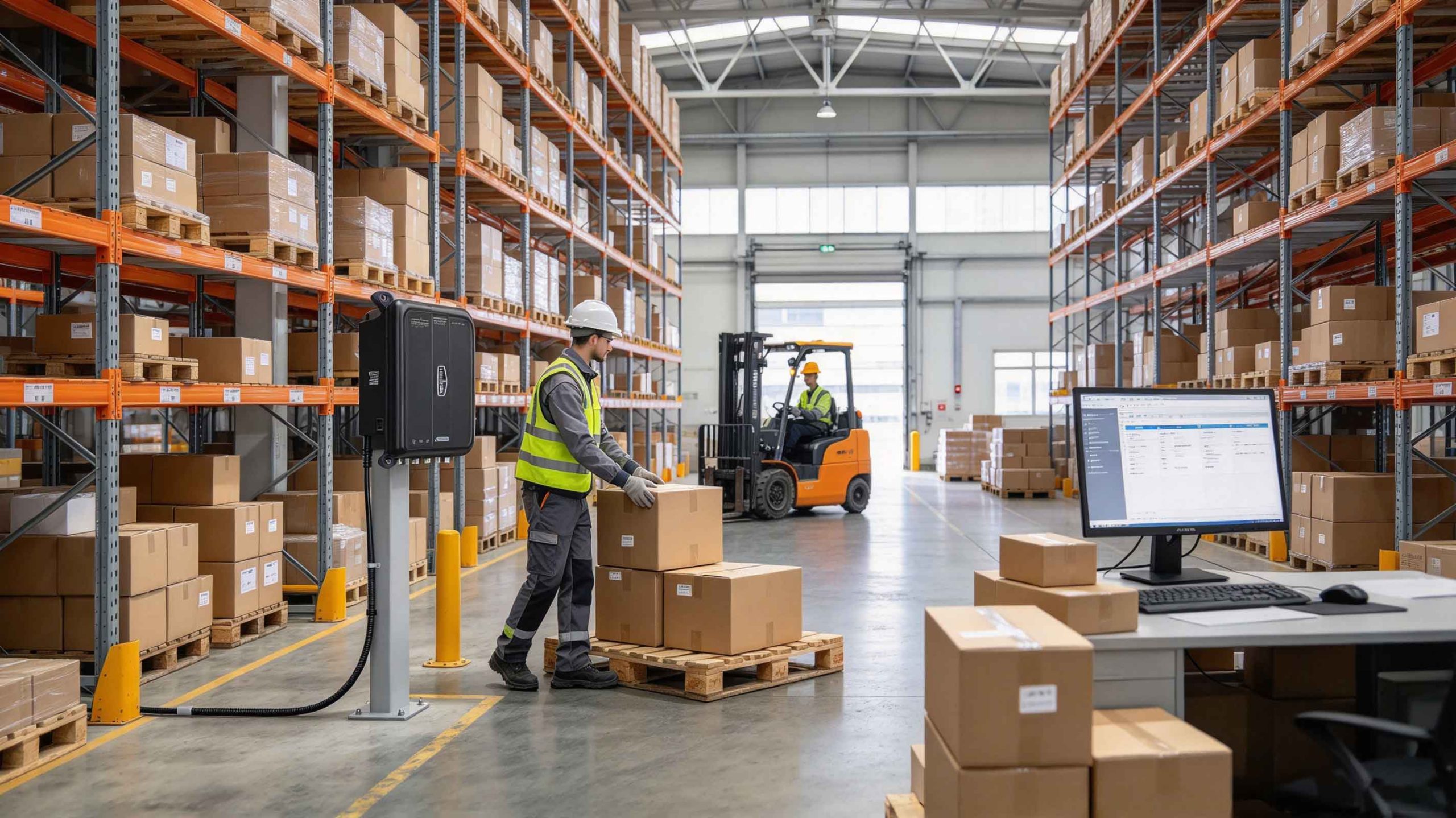 UHF RFID tags carrying EPC identifiers on cartons in a European warehouse