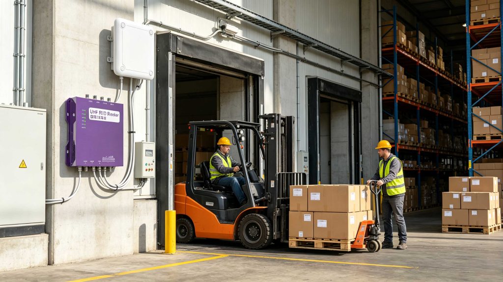 UHF RFID reader tracking tagged pallets as they move through a European warehouse loading gate