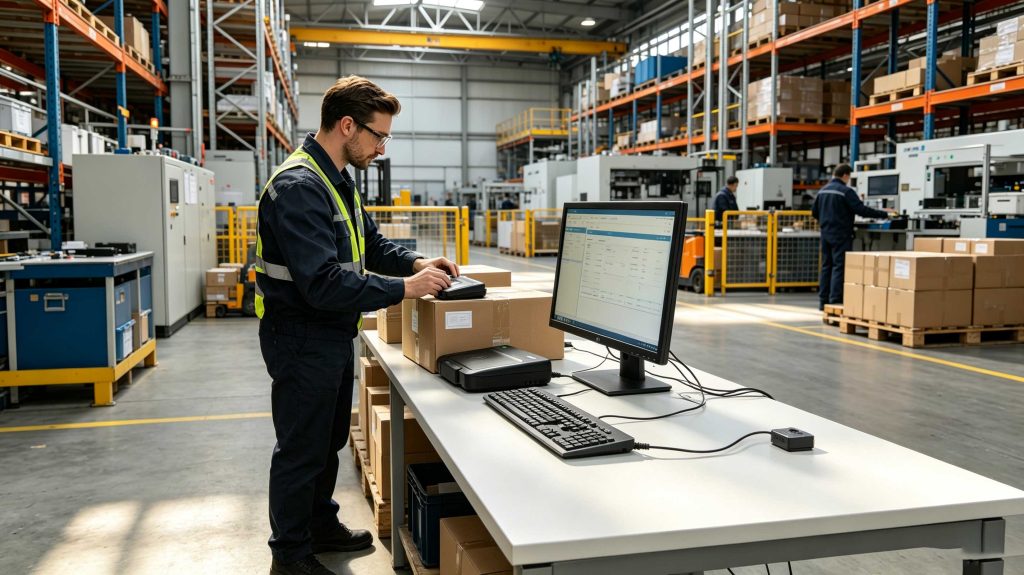 Warehouse employee using RFID writer system to program smart inventory tags