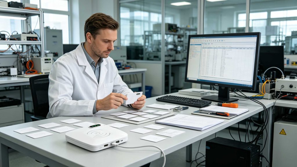Engineer using a desktop RFID reader to program RFID cards in a European technology laboratory