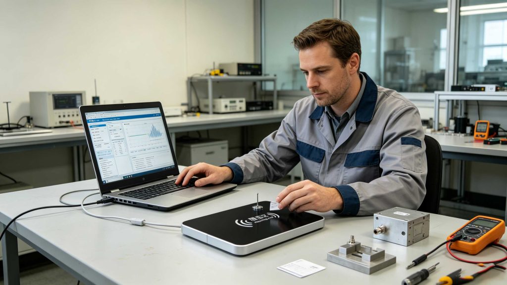 Engineer configuring a UHF RFID reader with software tools in a European industrial environment