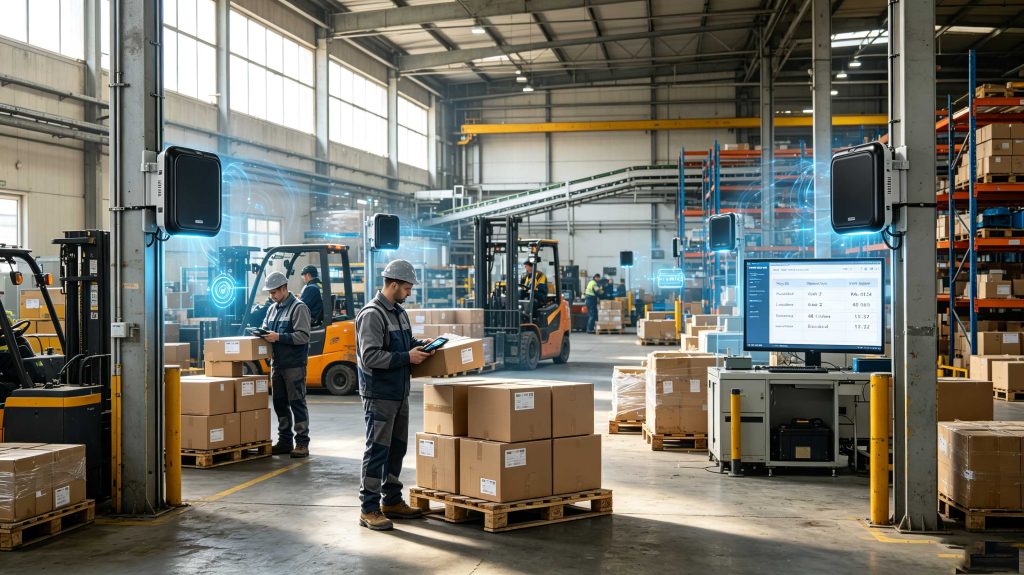 European warehouse using RFID readers and tagged products for automated inventory tracking