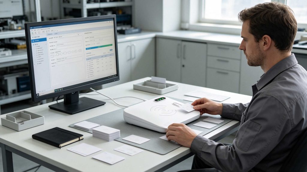 Engineer performing batch RFID card programming using desktop RFID reader writer in modern European workplace