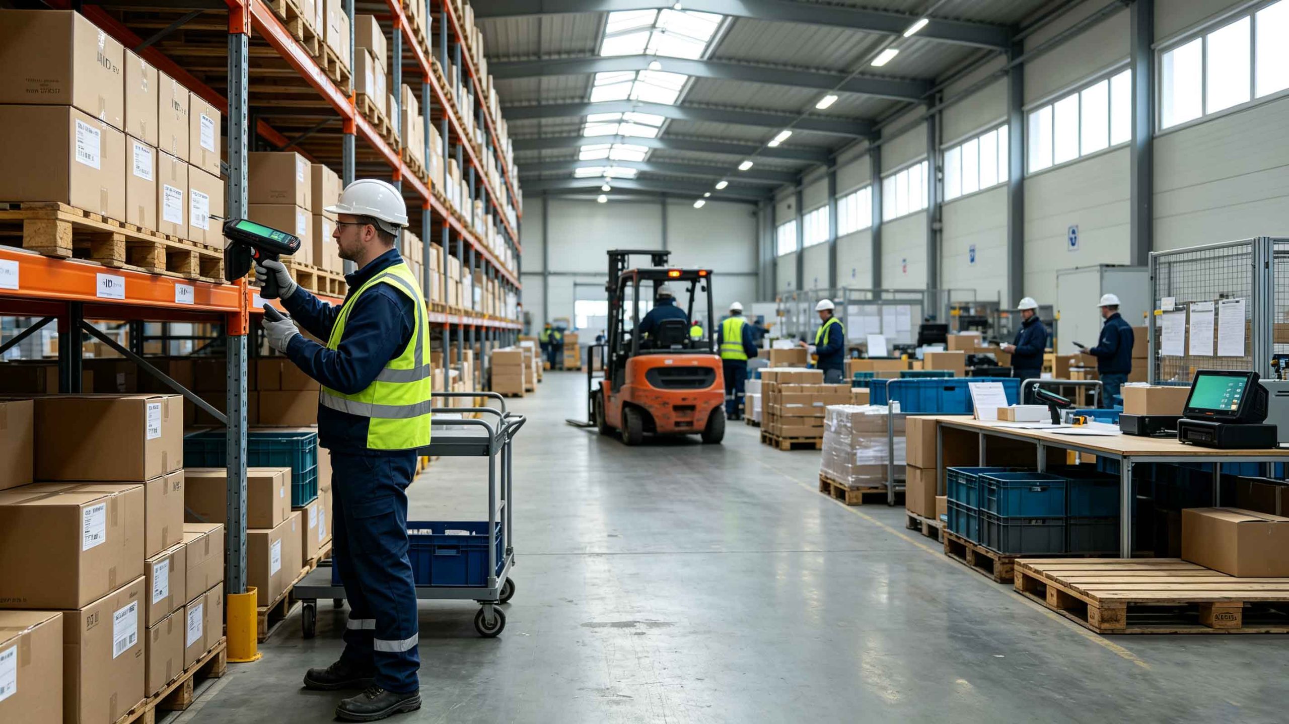 what does a rfid scanner look like 1 Warehouse worker holding handheld RFID scanner to identify RFID tagged products