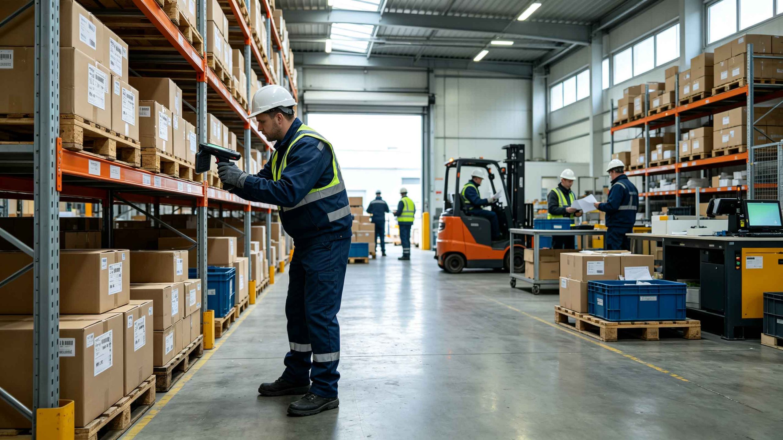 Worker using handheld RFID scanner to identify tagged products in warehouse