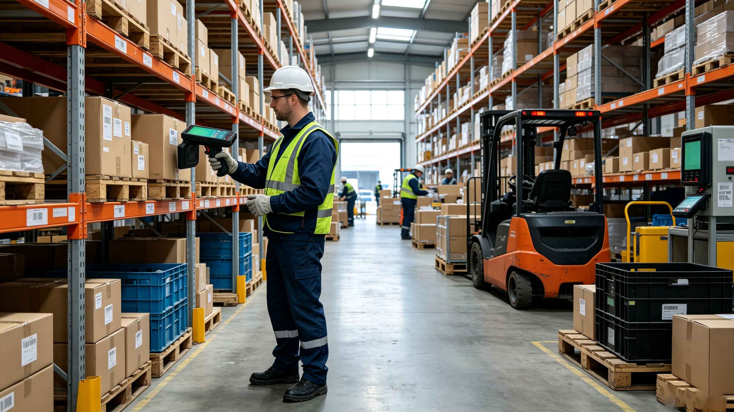 Warehouse worker using handheld RFID writer to encode RFID tags on inventory items