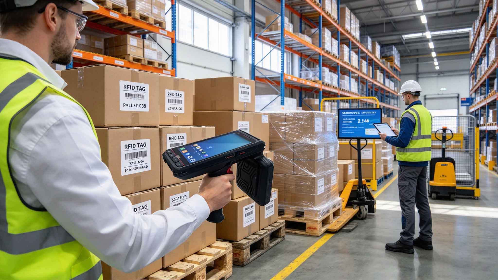 Worker using a handheld RFID writer to manage RFID tagged inventory in a European warehouse