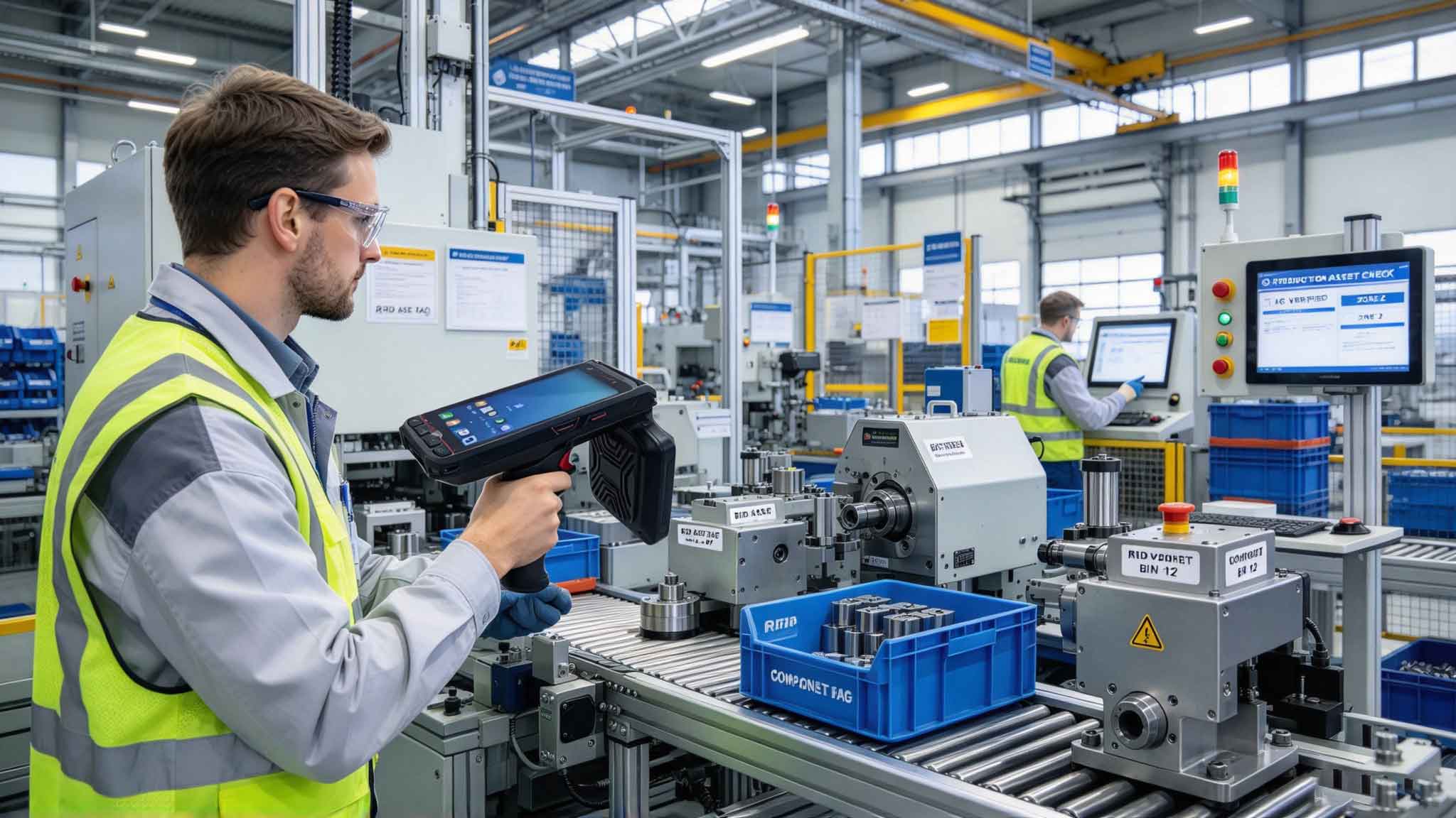 Factory technician using a handheld RFID writer to program and inspect RFID tagged equipment