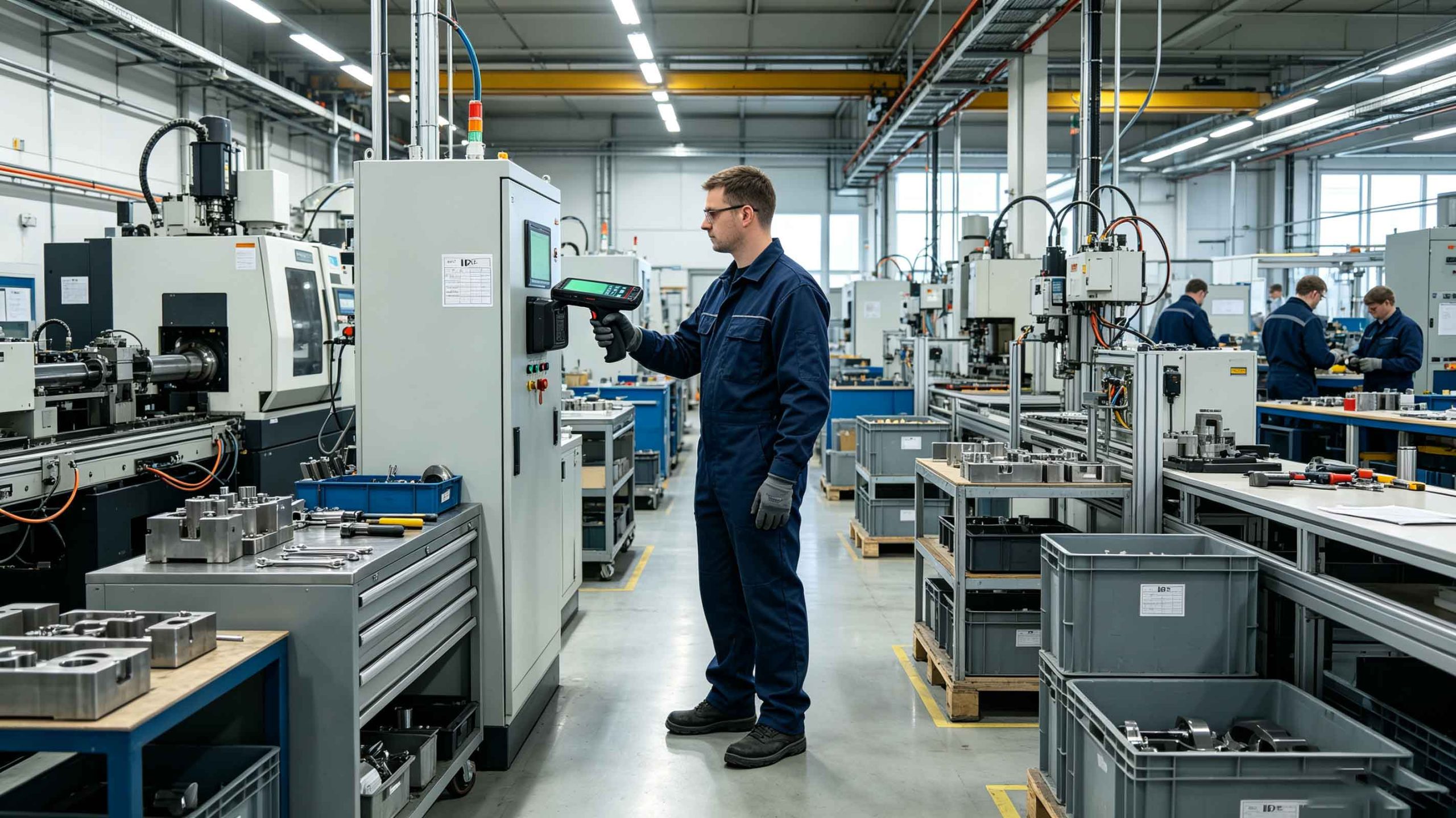 Engineer using handheld RFID writer to update RFID tagged equipment in factory