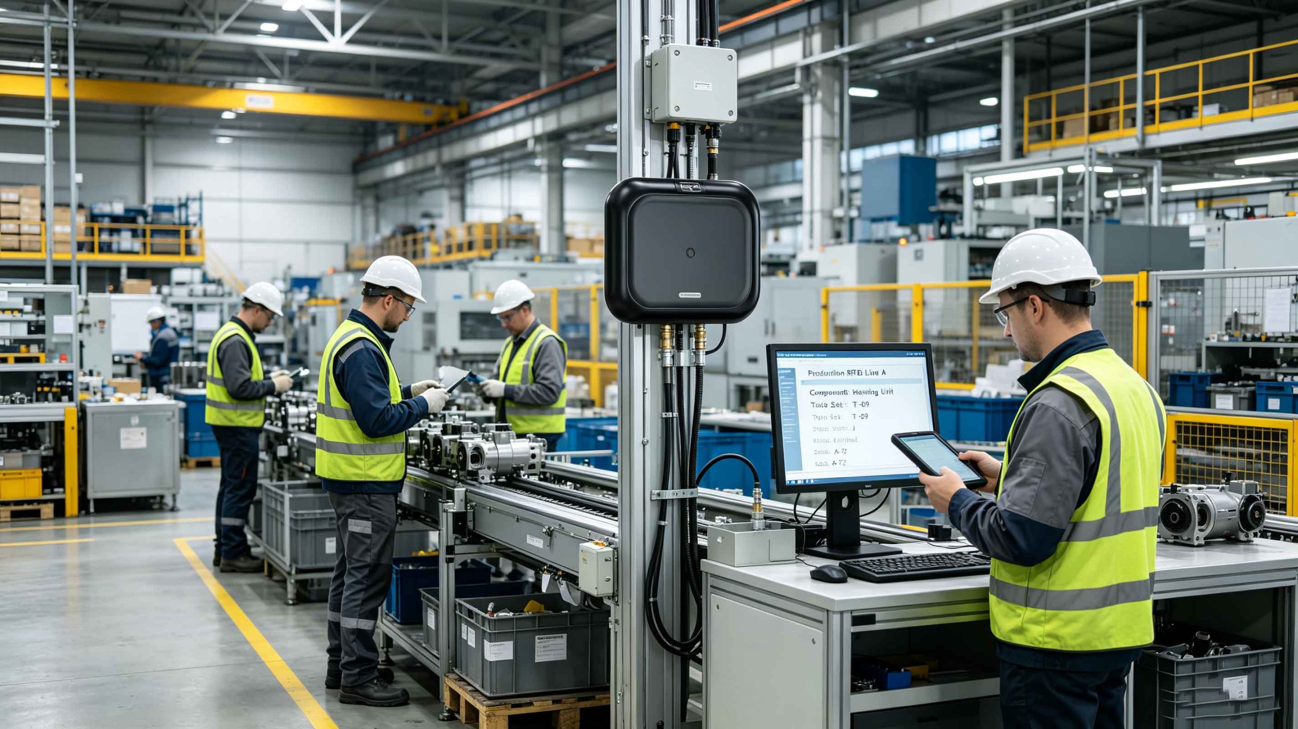 Industrial UHF RFID tags attached to equipment in a European manufacturing facility