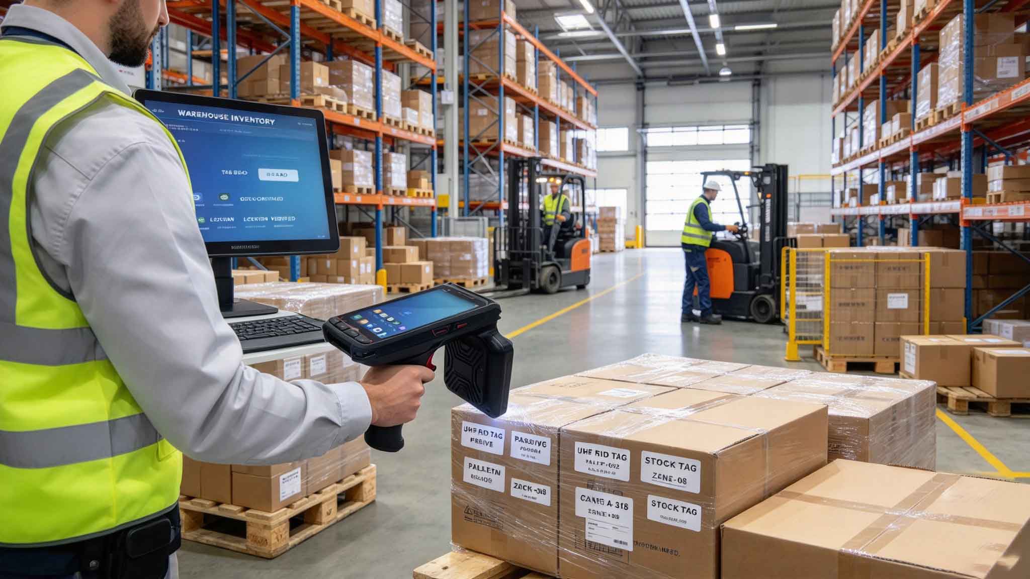 Passive UHF RFID tags attached to warehouse products for inventory tracking