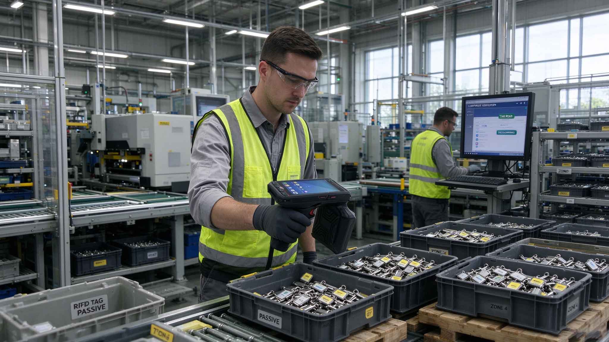 Factory worker managing industrial equipment with passive RFID tagged assets
