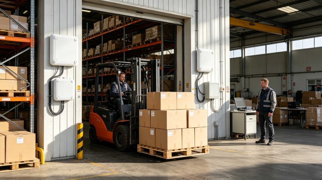 Multiple passive UHF RFID tagged cartons moving through a fixed RFID reader portal