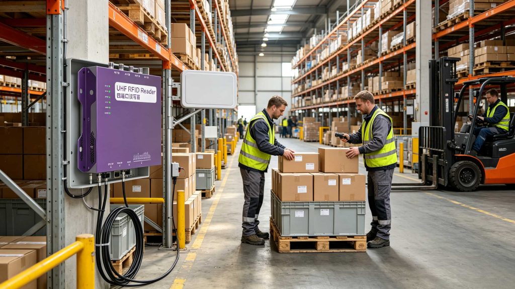 UHF RFID system tracking tagged assets between warehouse storage and dispatch areas