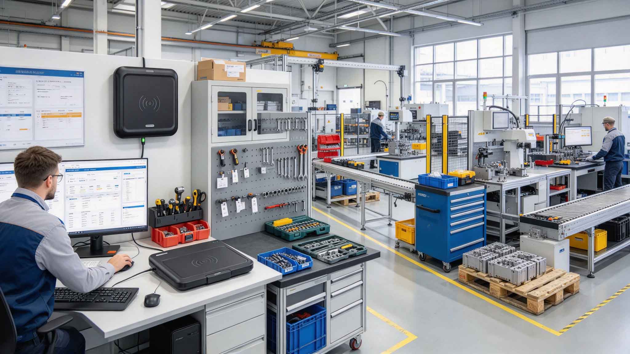 Industrial equipment with RFID chips managed by RFID reader systems