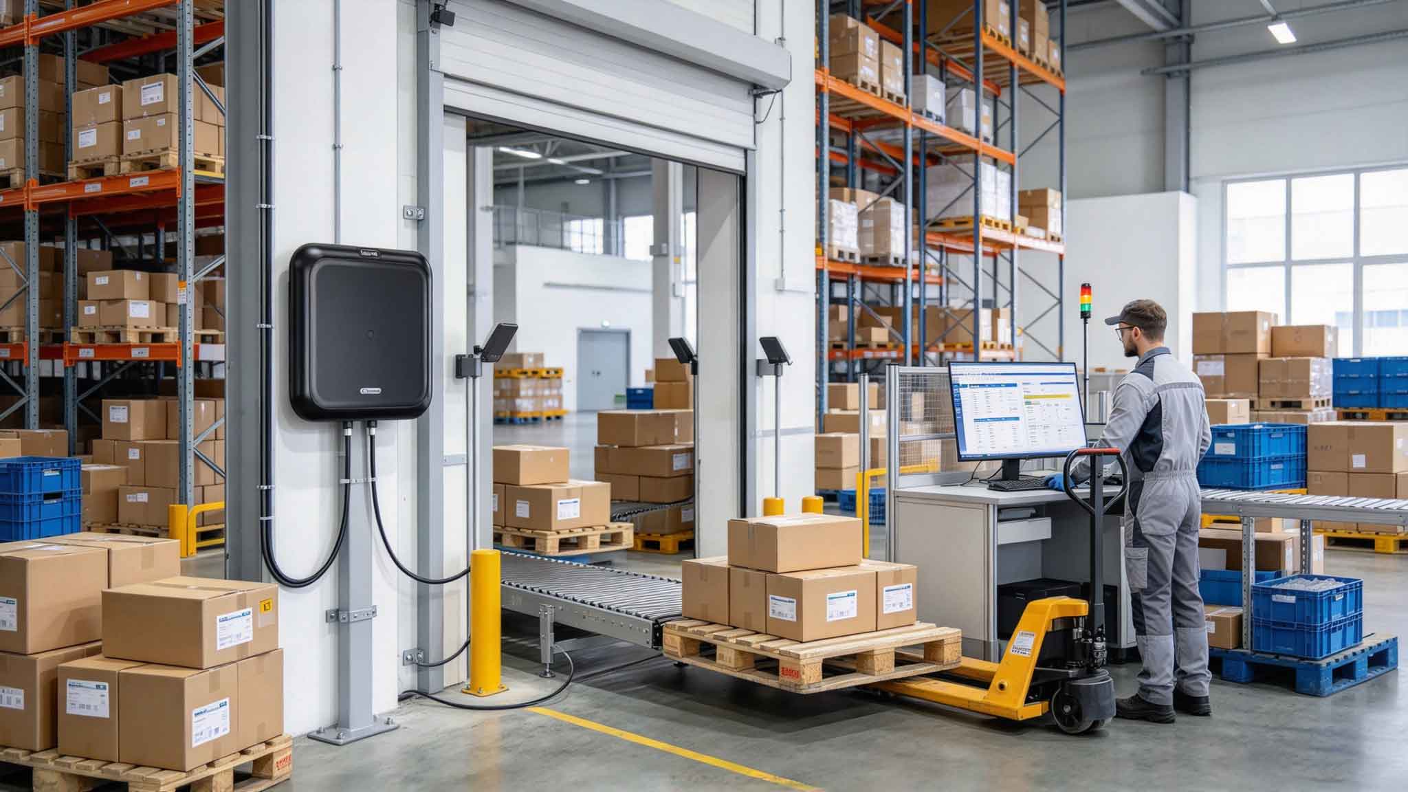 Fixed RFID device reading tagged products in a modern European warehouse