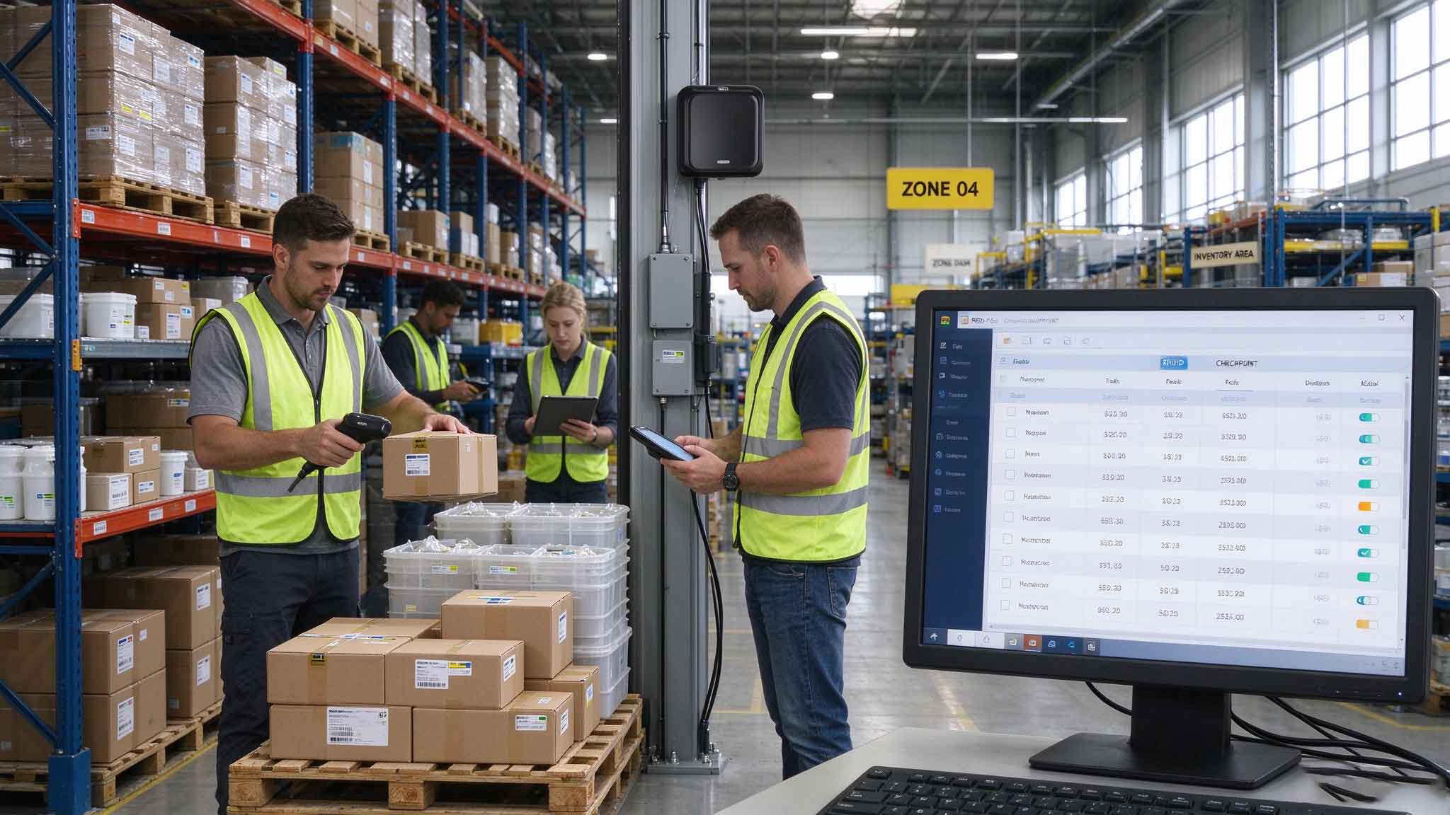 Industrial RFID reader scanning tagged assets in a smart warehouse