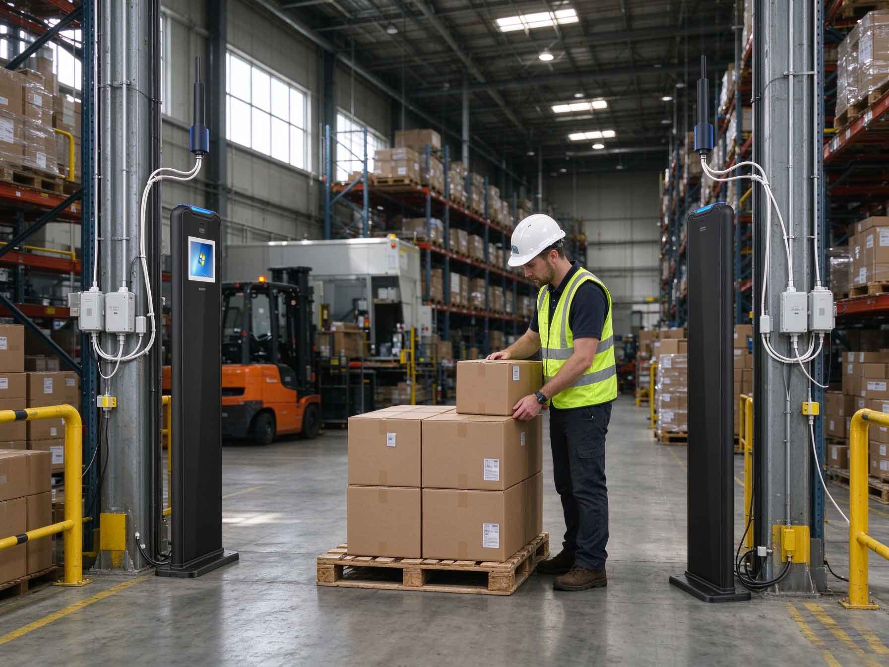 RFID reader identifying tagged cartons and pallets for inventory and asset tracking in a European warehouse