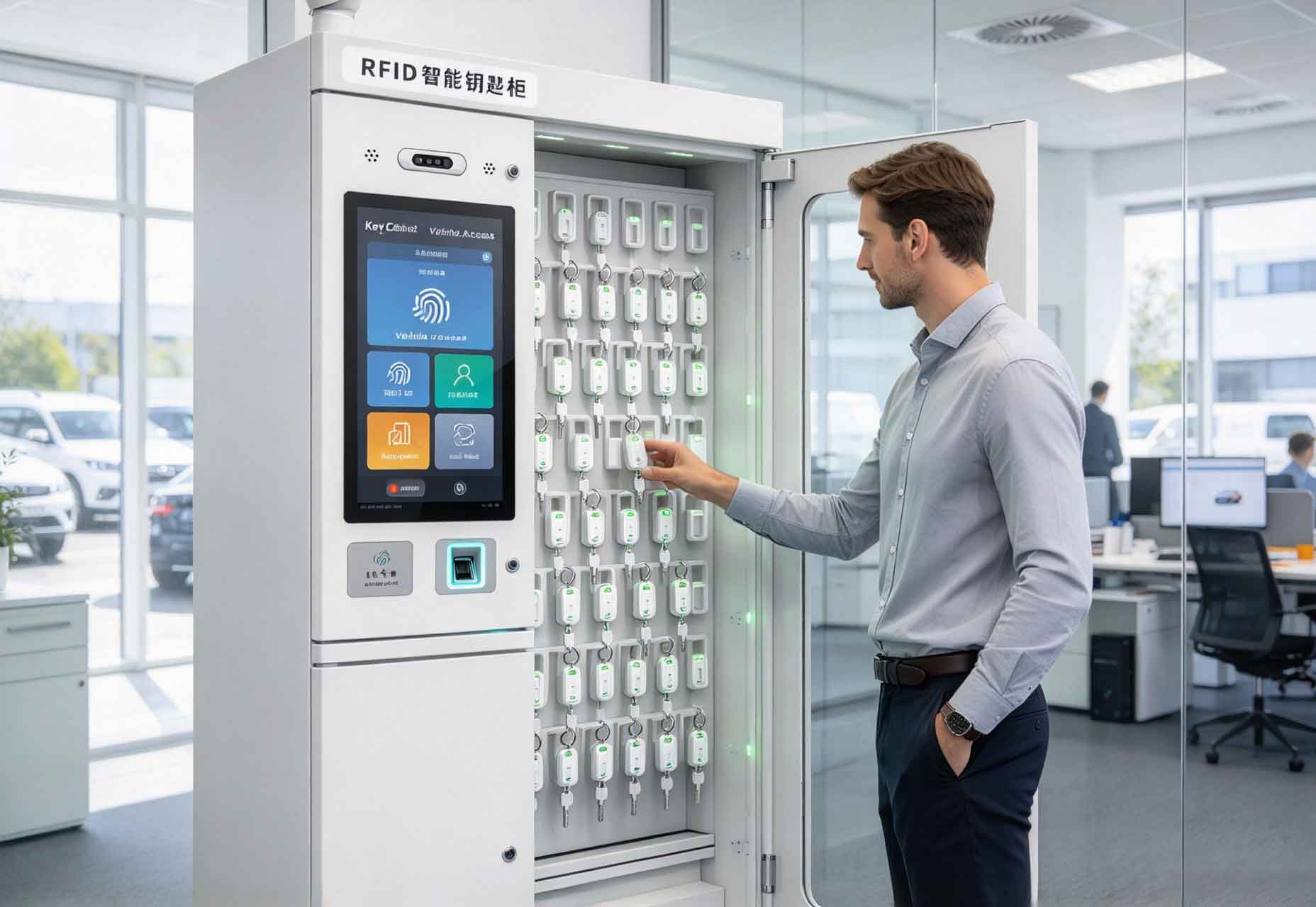 what is a rfid key: A Practical Guide to RFID Smart Key Management 2 Employee using fingerprint authentication on an RFID smart key cabinet in Europe