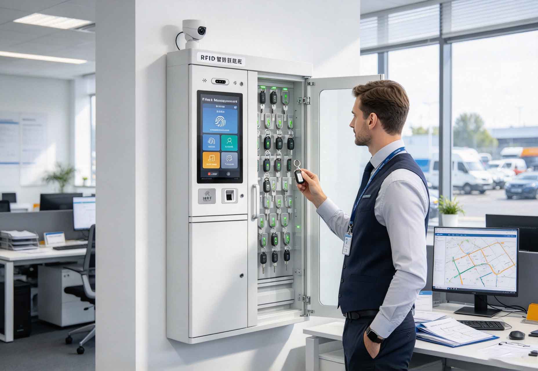 what is an rfid key? 2 RFID-tagged vehicle keys being registered and tracked in a smart key cabinet