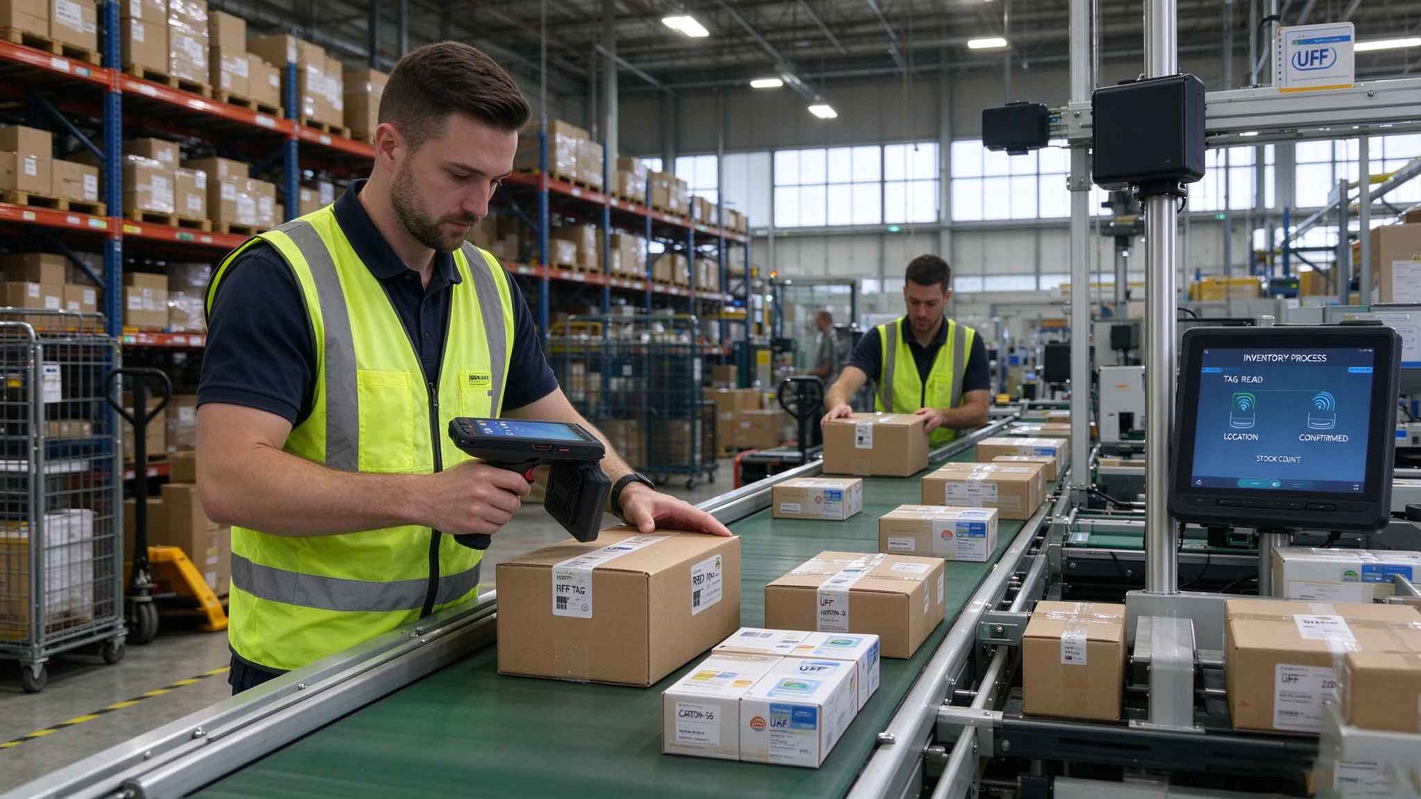 RFID labeled cartons moving through an automated European distribution center