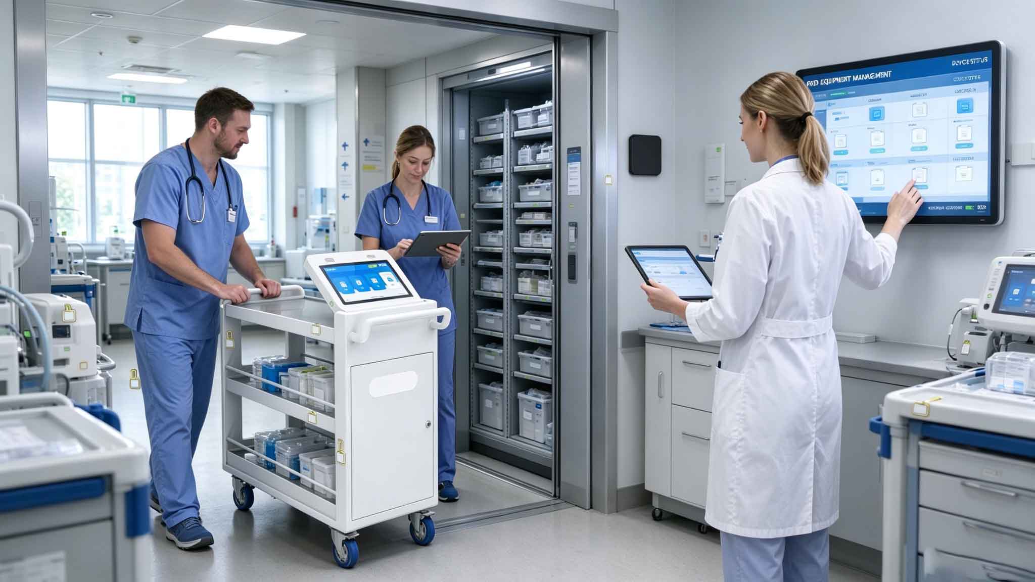 Healthcare workers using RFID technology to track medical equipment and supplies