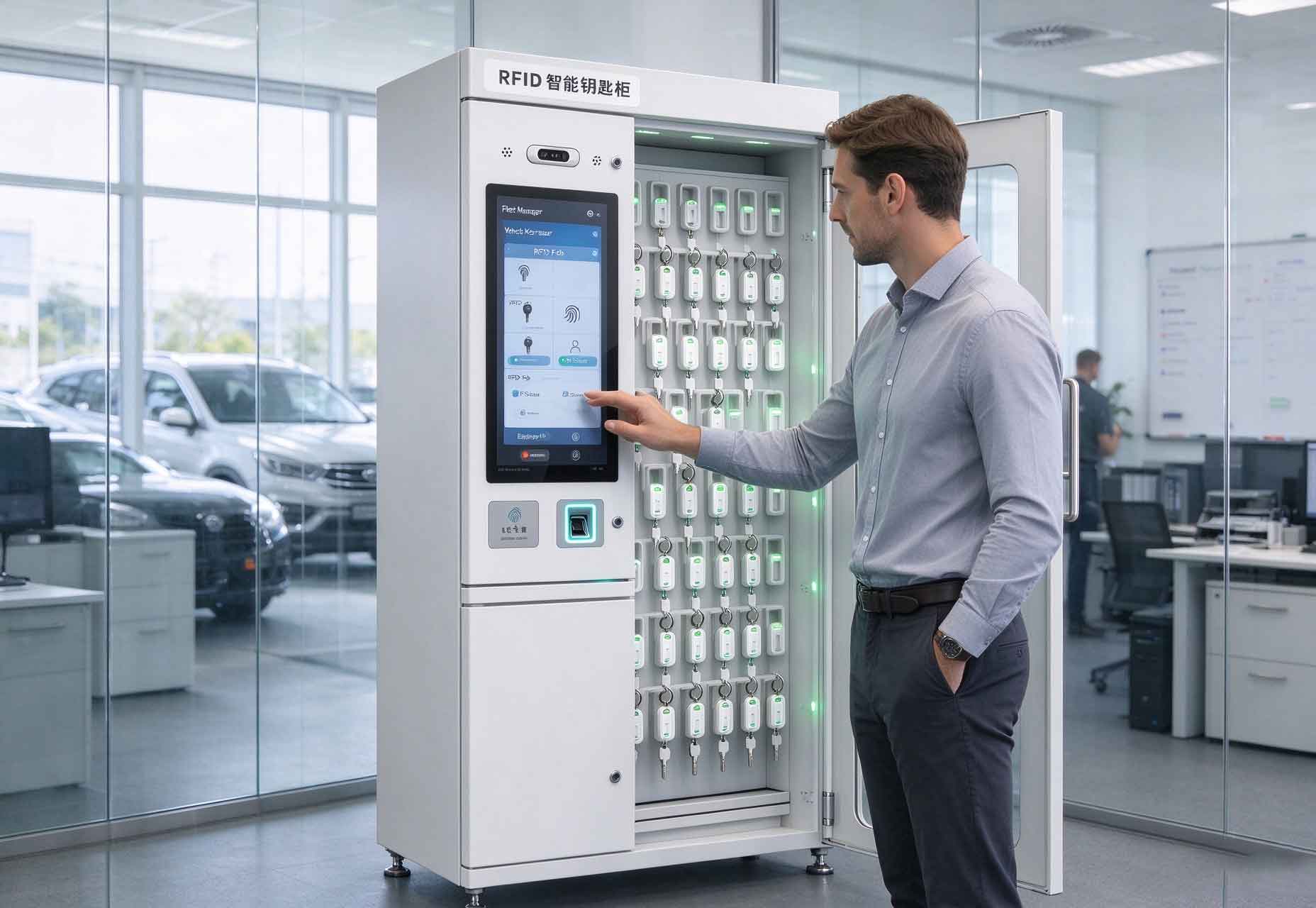 what is a rfid key: A Practical Guide to RFID Smart Key Management 1 RFID smart key cabinet with touchscreen and vehicle keys in a European fleet office