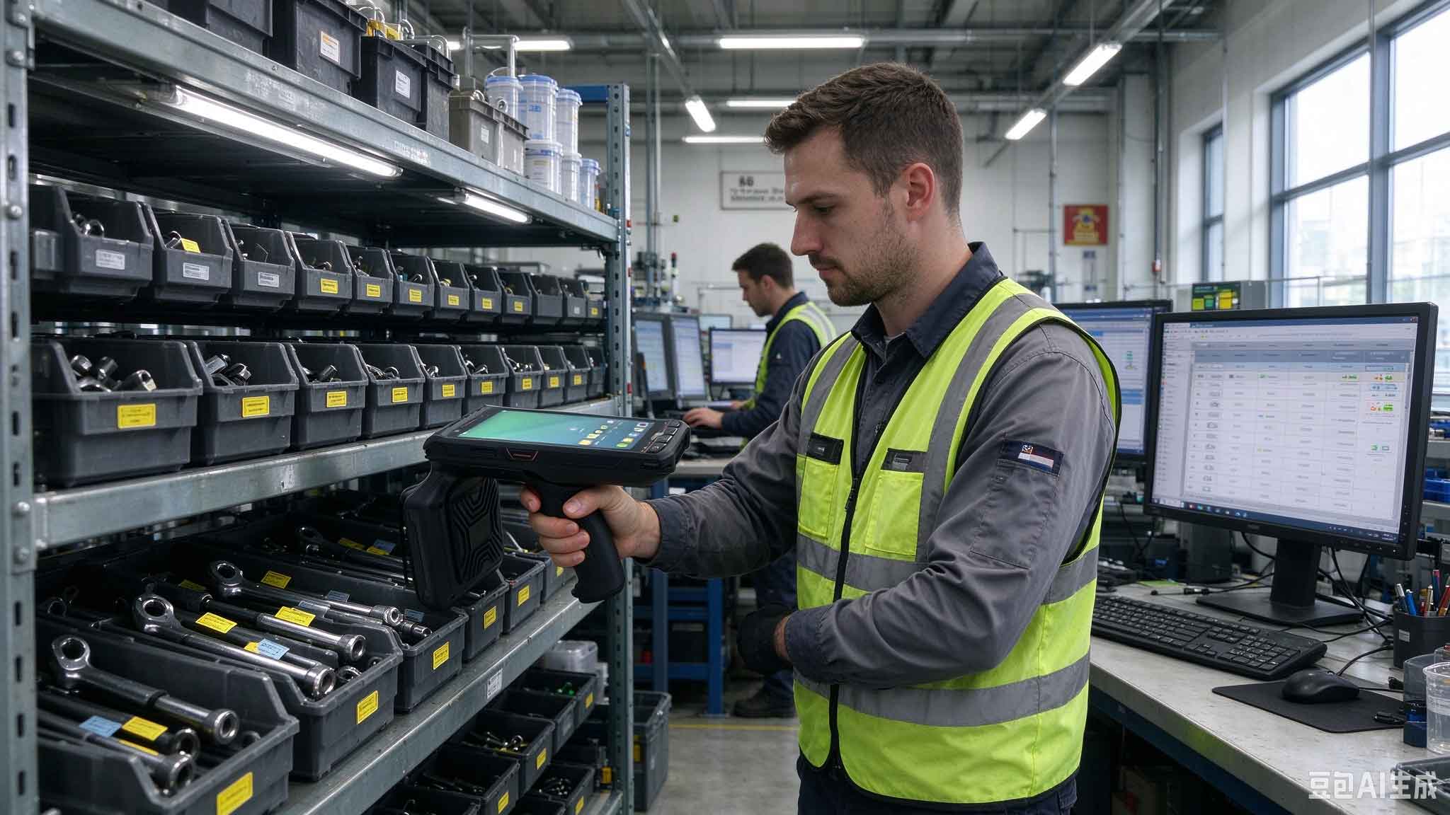 Workers using RFID readers to manage tagged equipment in a modern factory