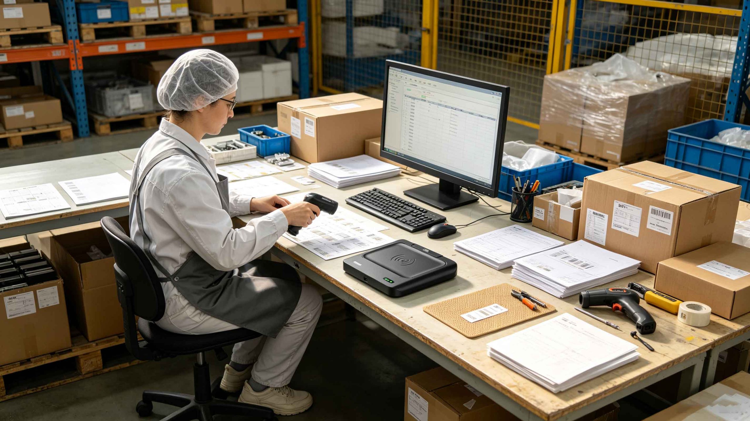 what can rfid chips do 2 RFID reader writer encoding tags at a European manufacturing workstation