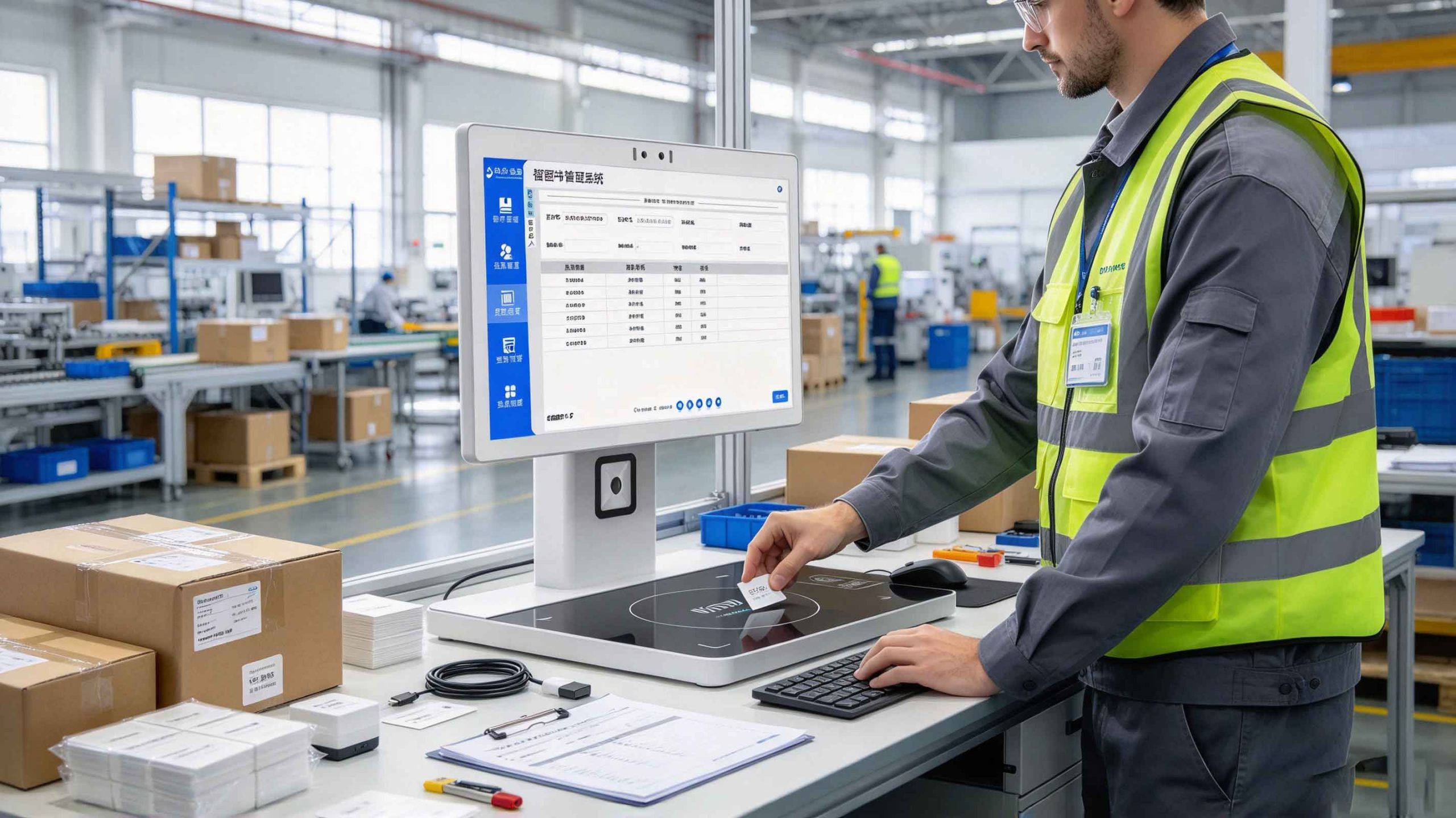 What Is Meant by RFID Tag? 2 Industrial operator programming RFID tags with a desktop RFID writer