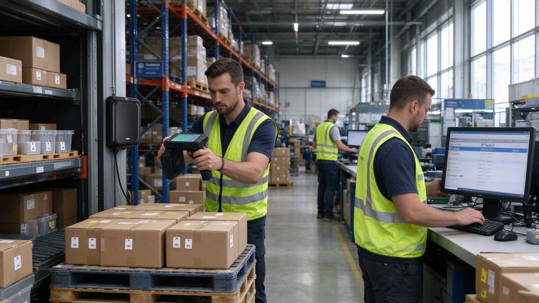 what does rfid tag means 1 RFID tagged products being identified in a modern European warehouse
