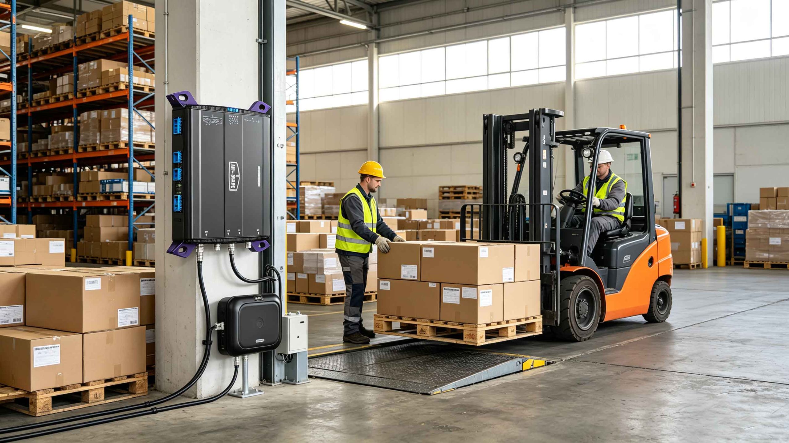 RFID tagged pallets and cartons identified by UHF RFID readers in a European warehouse